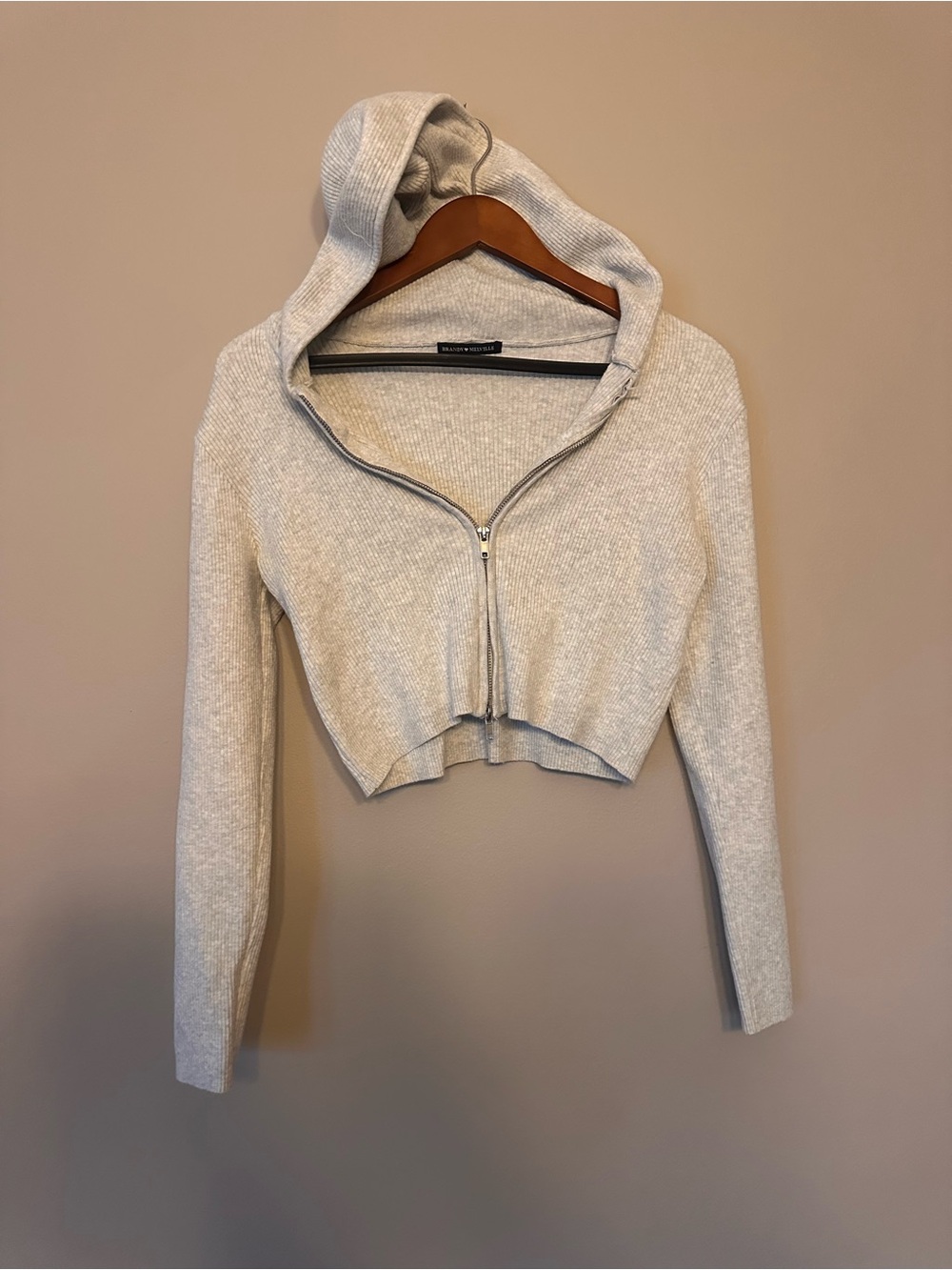 Brandy Melville Cropped Hooded Ribbed Zip-Up in light grey one size